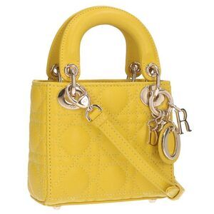Christian Dior Lady Quilted Logo Charm Shoulder Bag Yellow